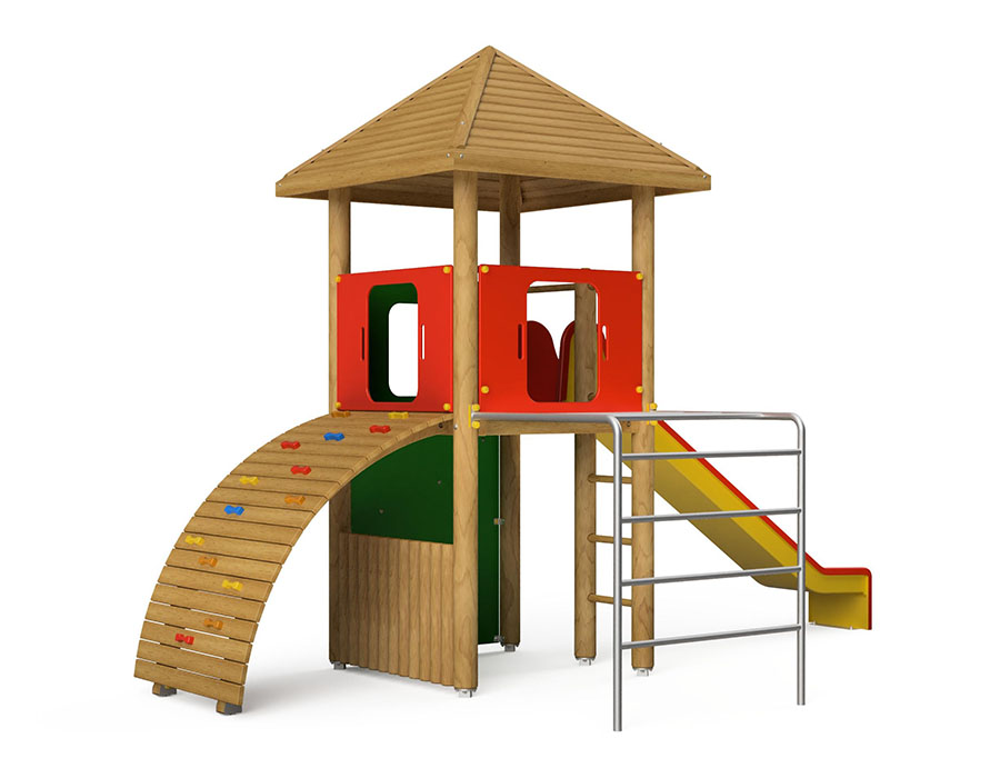 Spielturm-Kombination Rundholz, Podesthöhe 150 cm, Pyramidendach, Rutsche, mit Bergsteigerwand Ansicht 2