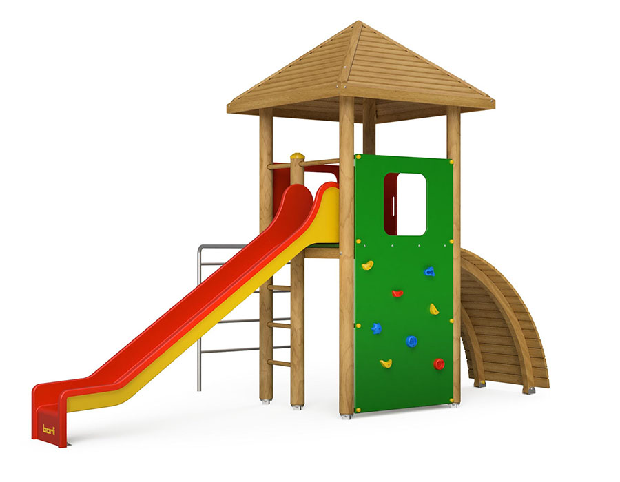 Spielturm-Kombination Rundholz, Podesthöhe 150 cm, Pyramidendach, Rutsche, mit Bergsteigerwand Ansicht 3