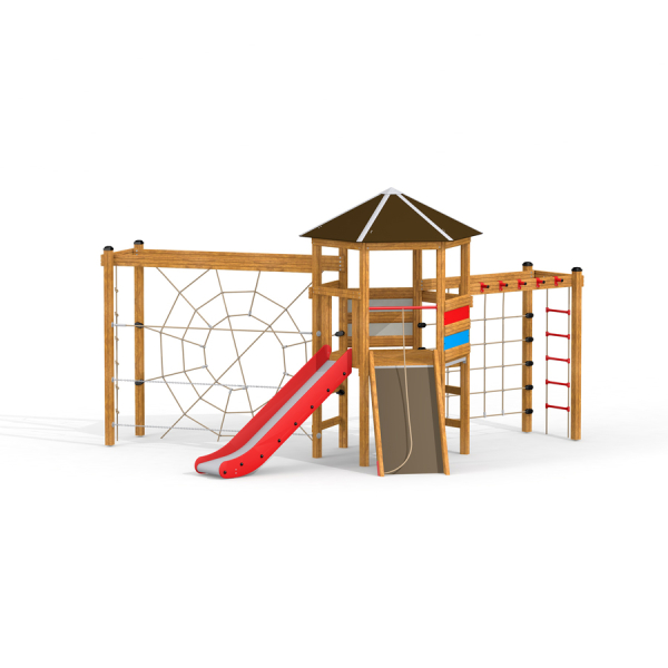 Spielturm mit Rutsche und Kletternetz Ansicht 2