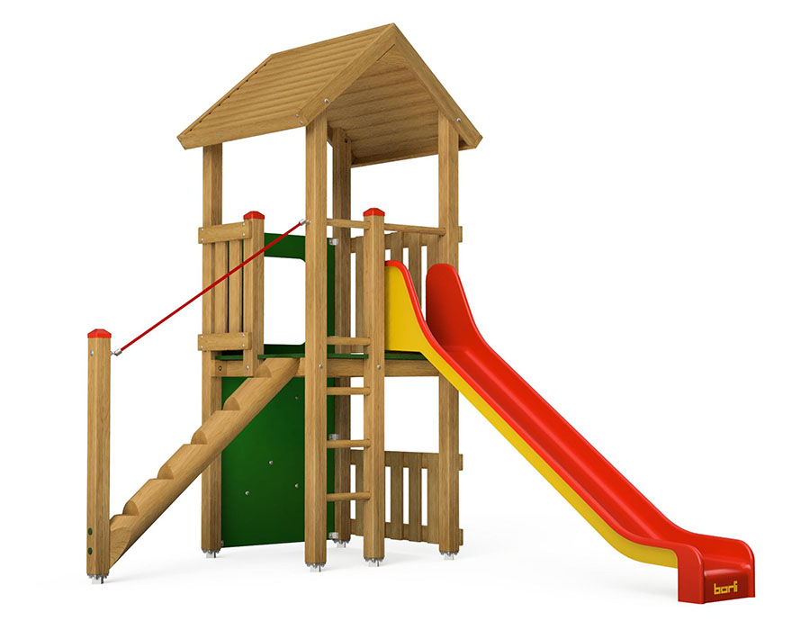 Spielturm-Kombination Eco, Podesthöhe 120 cm, Satteldach, Rutsche, mit Bergsteigerwand und Baumstammaufstieg Ansicht 2