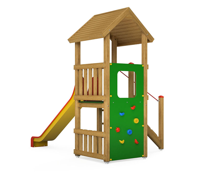 Spielturm-Kombination Eco, Podesthöhe 120 cm, Satteldach, Rutsche, mit Bergsteigerwand und Baumstammaufstieg Ansicht 3