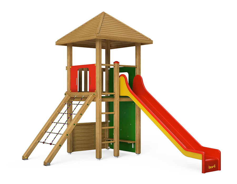 Spielturm-Kombination Kantholz, Podesthöhe 150 cm, Pyramidendach, Rutsche, mit Bergsteigerwand und Kletternetz Ansicht 2