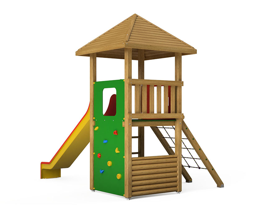 Spielturm-Kombination Kantholz, Podesthöhe 150 cm, Pyramidendach, Rutsche, mit Bergsteigerwand und Kletternetz Ansicht 3